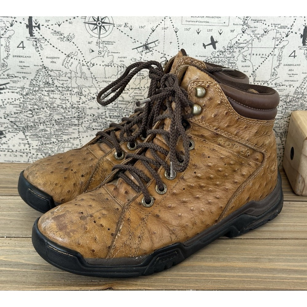 Roper Ostrich Ankle Boots Leather Combat Men Size 9 Brown Excellent